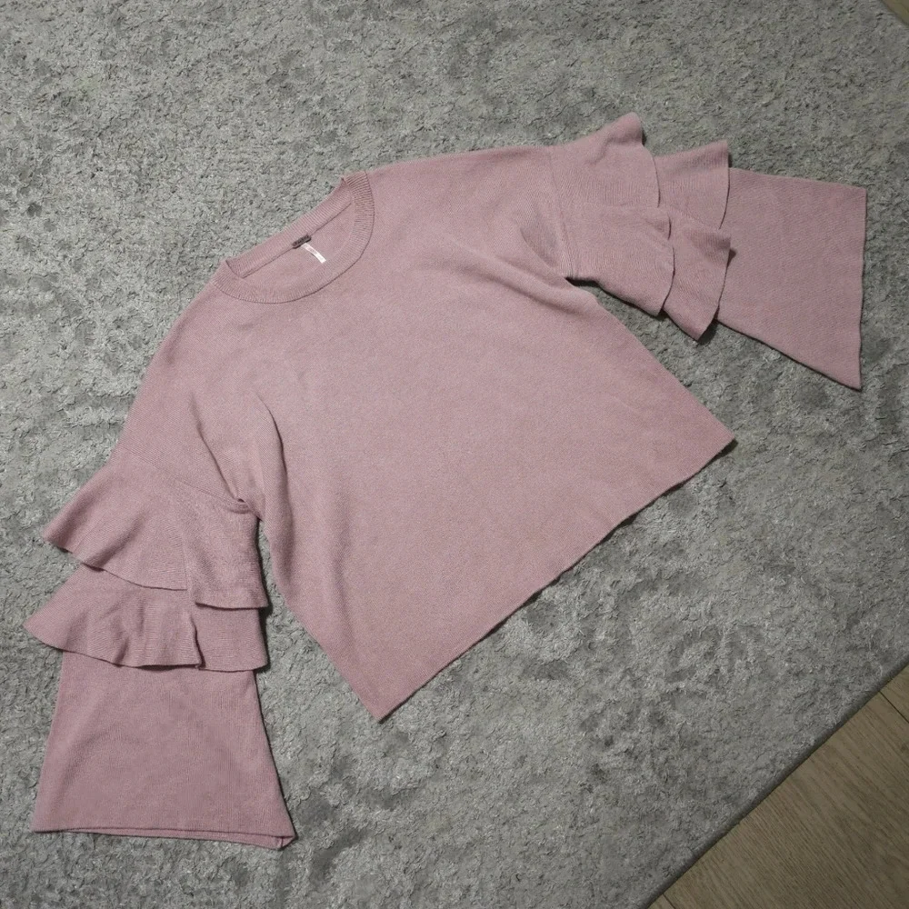✨️4/$20 POOF! Dusty Mauve Cropped Knit Crewneck Sweater Long Tiered Bell Sleeves - Picture 9 of 14